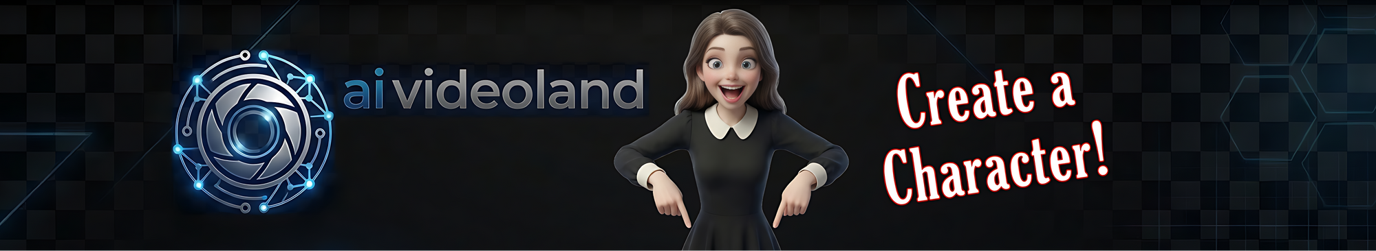Character creation interface with 'ai videoland' logo and text on a dark background