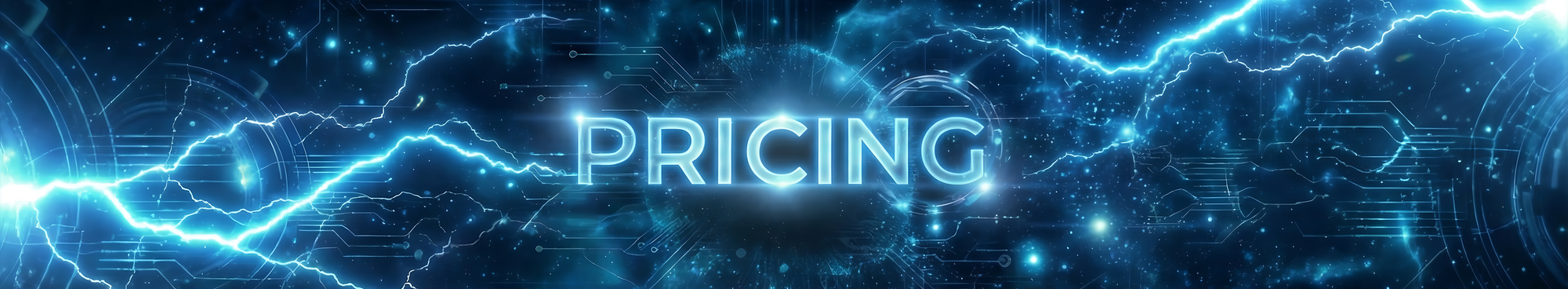 The word 'PRICING' in bright blue text against a dark, futuristic background with electric effects.